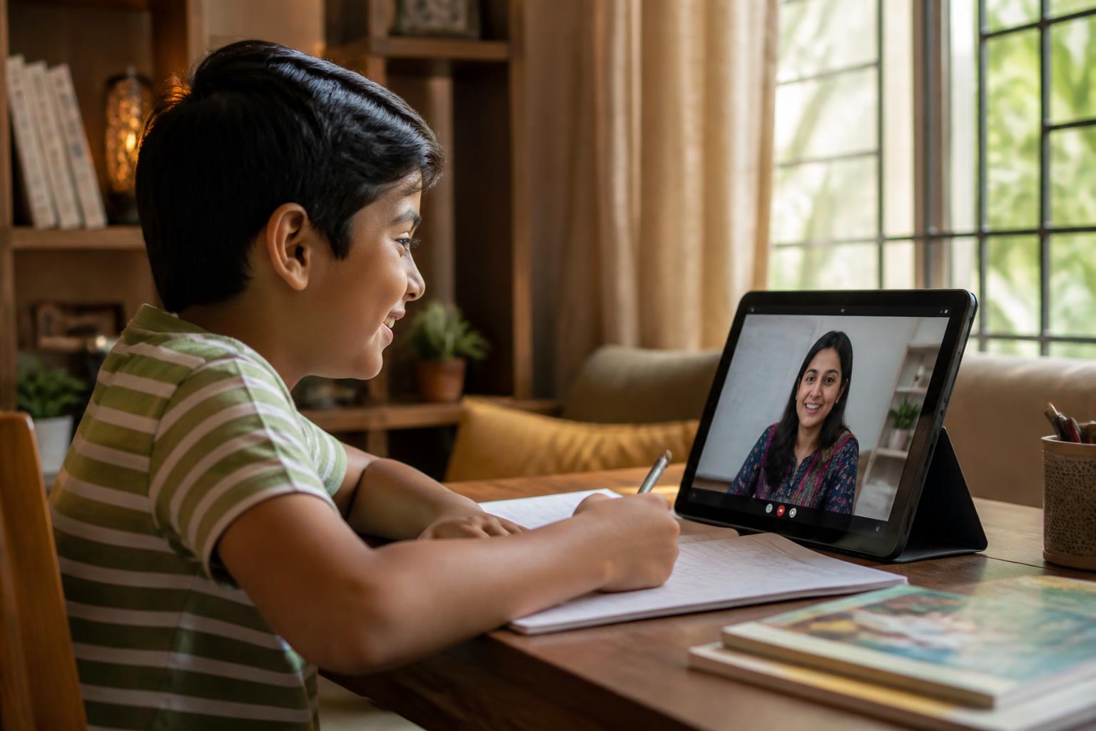Young child taking an online lesson with a teacher at home